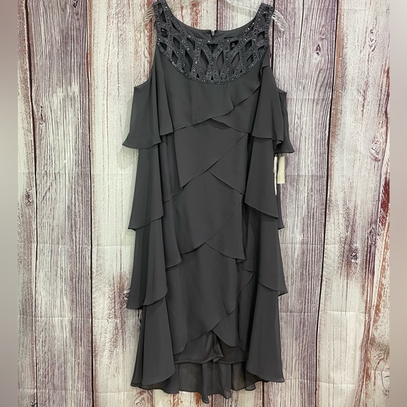 S.L. Fashions Dresses & Skirts - Grey Sleeveless Tiered Ruffled Beaded Dress Women's Size 18W S.L. Fashions #5003